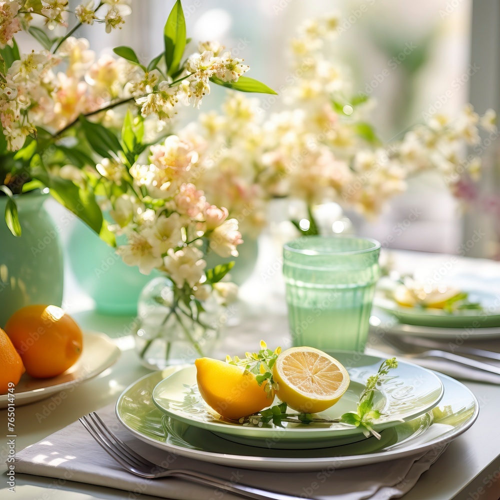 Spring table setting. Dishes and flowers on set table for festive dinne Spring table setting. Dishes and flowers on set table for festive dinne