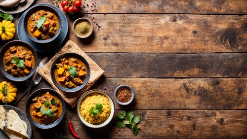 Fragrant curries on a cozy rustic background with a place for text