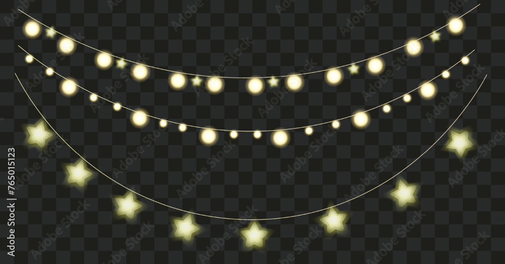 Set with Cristmas light garland in circle and star shape - obrazy, fototapety, plakaty 
