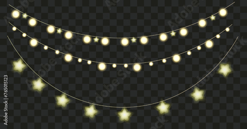 Set with Cristmas light garland in circle and star shape photo