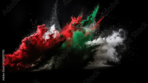 Launched colorful powders, isolated on black background studio. Black, green, red and white colors powder. Palestine flag. photo