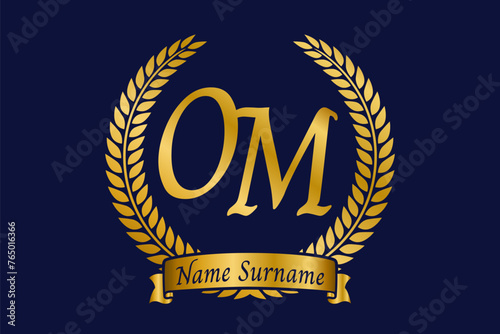 Initial letter O and M, OM monogram logo design with laurel wreath. Luxury golden calligraphy font. photo