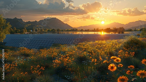 3D illustration of a next-generation solar power plant, with advanced photovoltaic panels, efficient energy storage systems, and sustainable infrastructure, portrayed in ultra HD realism. photo