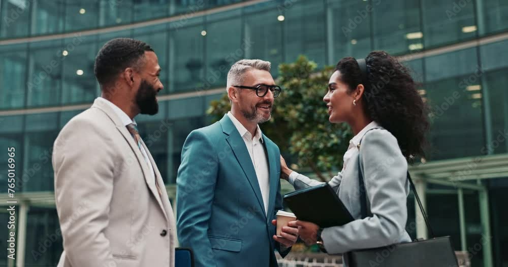 Business people, handshake and meeting with team for partnership, b2b or greeting in city. Group of happy employees shaking hands for outdoor introduction, deal or agreement together in an urban town