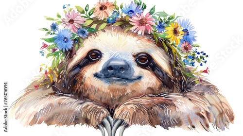 Serene watercolor clipart, sloth with a gentle smile, adorned with a crown of wildflowers, isolate on white. Symbolizes peace and nature's beauty. © Pungu x