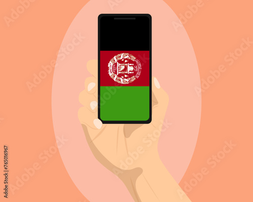 Afghanistan flag on mobile phone screen, holding smartphone, advertising social media or banner concept