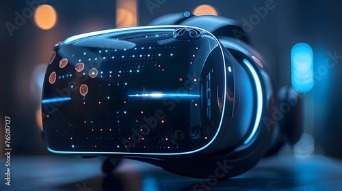 3D rendering of a virtual reality headset, with immersive displays, ergonomic design, and advanced tracking technology.