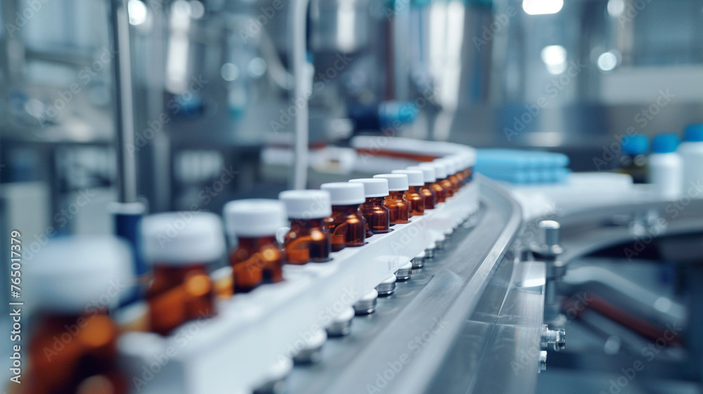 A macro shot of a sterile bottle filling line in a pharmaceutical plant emphasizing automation in liquid drug packaging A macro shot of a sterile bottle filling line in a pharmaceutical plant emphasizing automation in liquid drug packaging