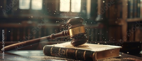 A gavel striking a book, illustrating the enactment of law and order