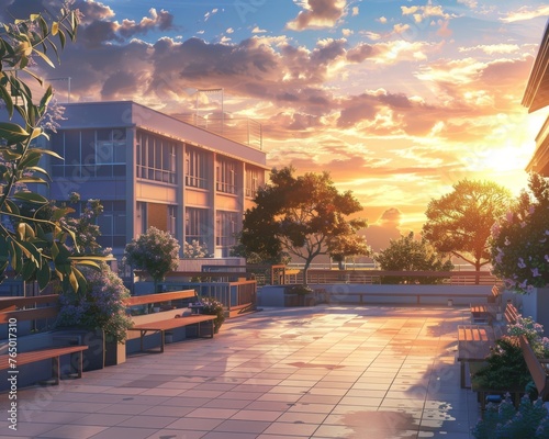 Anime Scene A high school rooftop at sunset, where no two conversations are ever the same photo
