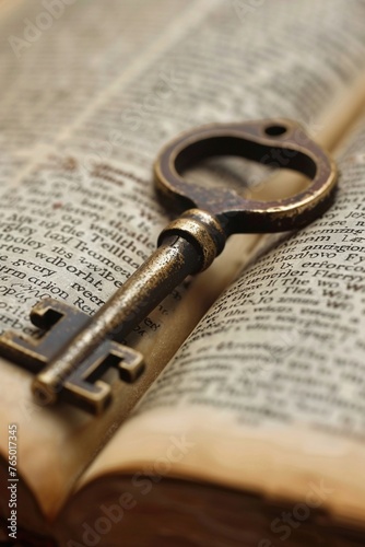 A key unlocking a book of laws, symbolizing the accessibility and revelation of justice photo