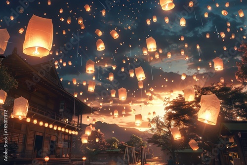 Anime Scene A lively festival  where every lantern carries a different wish into the night sky