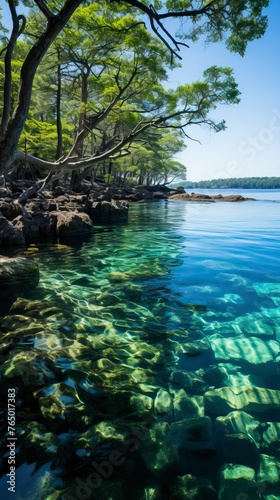 A serene alpine lake with crystal-clear water