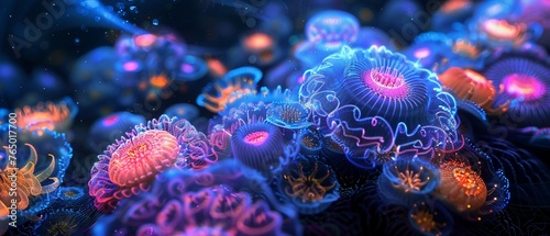 An array of bioluminescent organisms forming intricate patterns, representing the blend of biology and technology