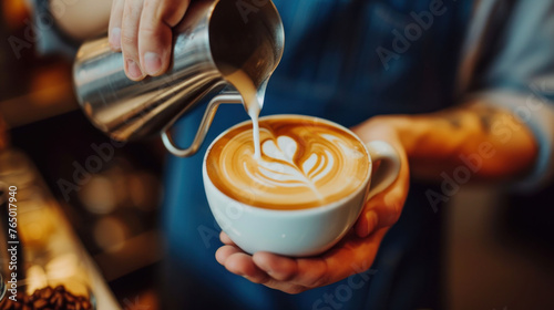 an experienced barista makes a cappuccino with a beautiful heart on coffee foam, banner photo