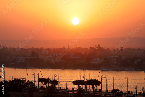 Unique sunset at Luxor Aswan Egypt. Beautiful sunset over the Nile river