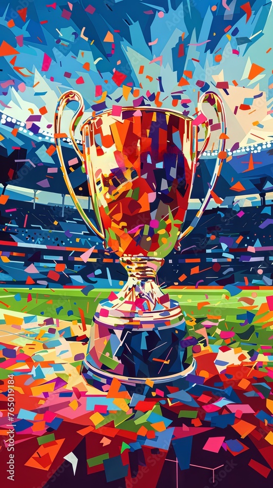 Football cup, trophy on the background of soccer stadium and confetti. Illustration in cubist style