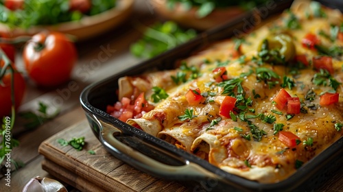 Baked Enchiladas Topped With Melted Cheese, Fresh Tomatoes, And Herbs In A Pan, Surrounded By Ingredients, Cozy Kitchen Setting. Mexican Cuisine. AI Generated