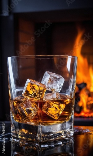 Glass of whiskey with ice cubes on a wooden table near the fireplace.