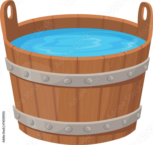 Wooden bucket full of clean water cartoon icon