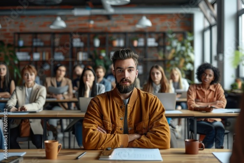 Team of people having class with business trainer. Group of male and female employees sitting at desks in modern office and listening to lecture by experienced teacher sharing knowledge, Generative AI