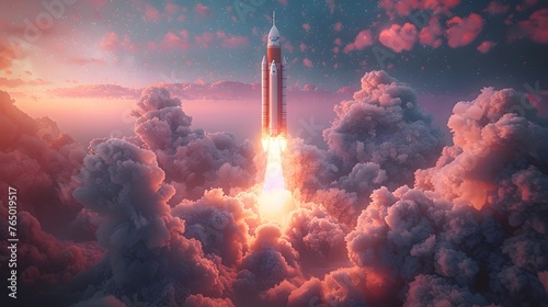  Technology development process. Space rocket launch. 3d render illustration