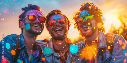 Friends share a moment at a sunset festival, their faces painted with glitter paint colors under a sky alight with confetti.