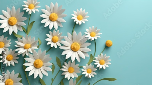 3D Paper Craft Chamomile Flowers on Blue Background. Perfect for Spring Greetings Paper Cut Style. Copy Space for Happy Mother's Day, Women's Day, Wedding, Anniversary Banners, or Posters © RBGallery