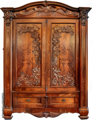 Antique wooden wardrobe with ornate details  cut out transparent