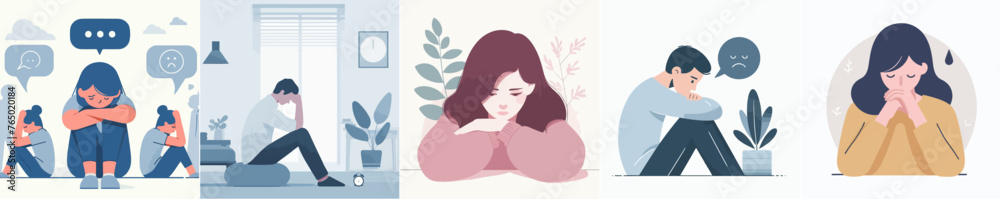 a person feeling sad in a simple and minimalist flat design style with a plain white background