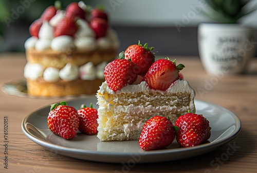 a little cake with cream and strawberries on a plate