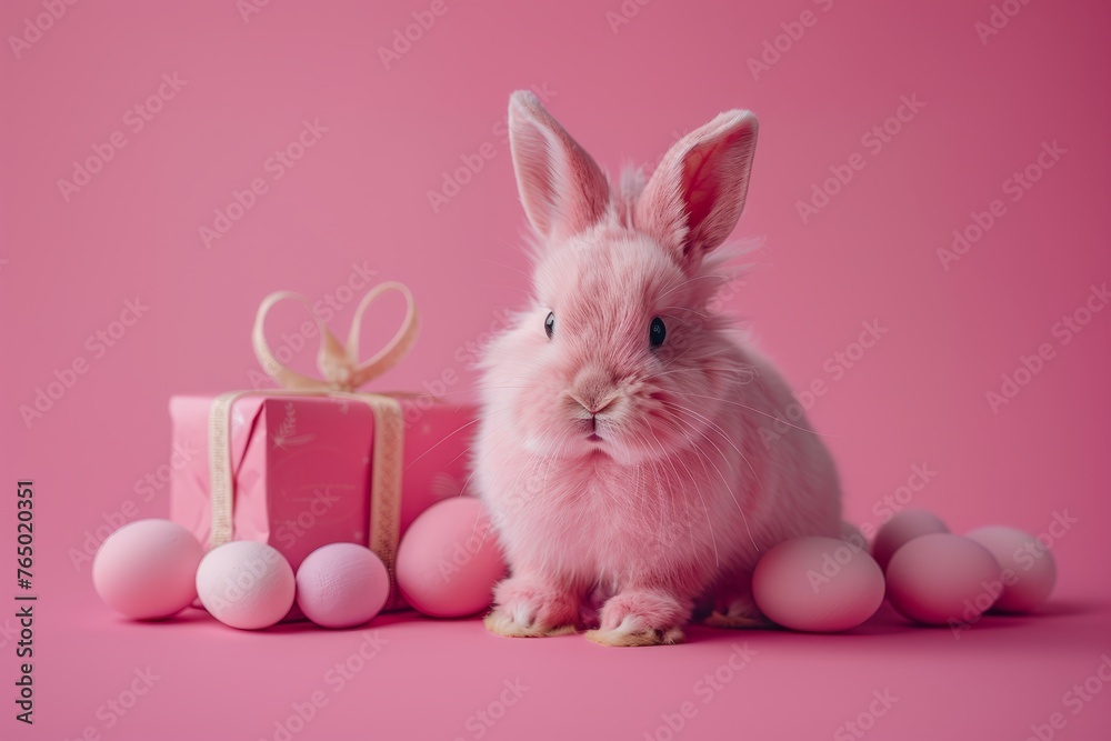 Fototapeta premium Easter concept, stuffed bunny and egg holiday gifts