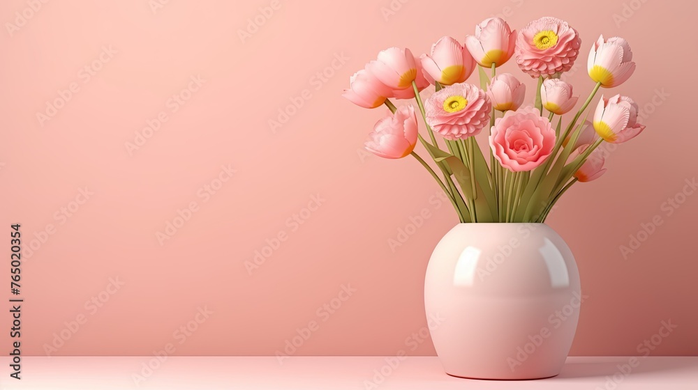 3D Flower, Vase of floral with pink pastel background. Cosmetic or beauty product background. Copy Space for Mother's Day, Valentine's Day, or Women's Day Banner or Poster