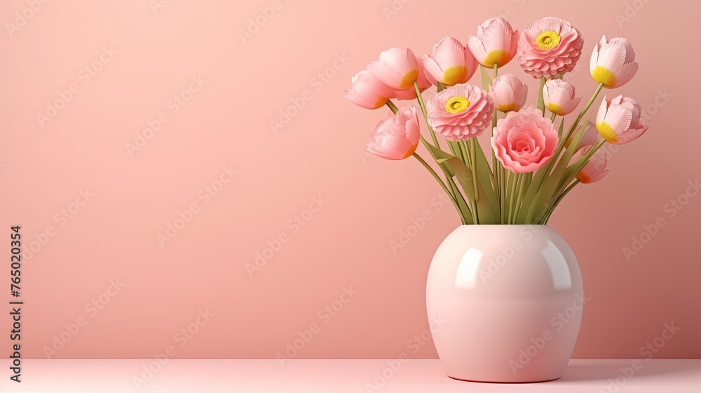 3D Flower, Vase of floral with pink pastel background. Cosmetic or beauty product background. Copy Space for Mother's Day, Valentine's Day, or Women's Day Banner or Poster 3D Flower, Vase of floral with pink pastel background. Cosmetic or beauty product background. Copy Space for Mother's Day, Valentine's Day, or Women's Day Banner or Poster