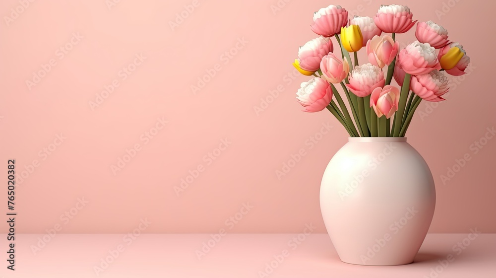 3D Flower, Vase of floral with pink pastel background. Cosmetic or beauty product background. Copy Space for Mother's Day, Valentine's Day, or Women's Day Banner or Poster