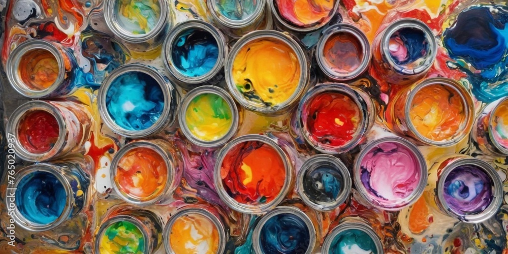 Paint cans on a palette. Colorful background. Top view. Paint cans on a palette. Colorful background. Top view.