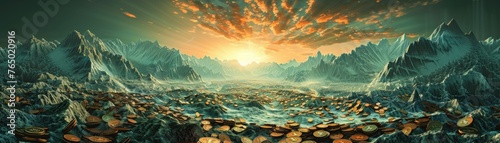 A fantasy landscape where mountains of coins and rivers of banknotes clash under a sky lit by financial forecasts photo