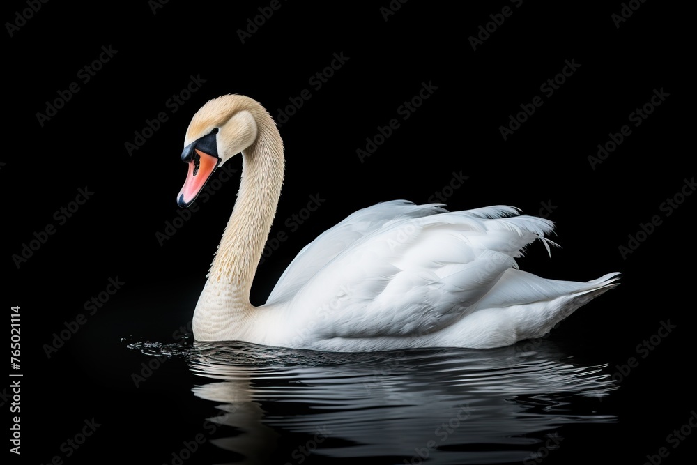 Fototapeta premium Beautiful white swan isolated on black background