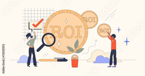 ROI return of financial investment in neubrutalism tiny person concept. Grow profit with money invest in business or stock market vector illustration. Good income performance with effective strategy.