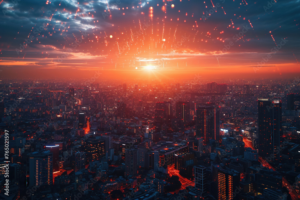 Sunset Cityscape with Glowing Digital Network Connections