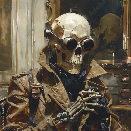 a skeleton detective oil painting 