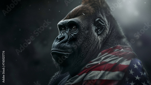 Gorilla, monkey, ape Frightful animal wearing American flag , Ai generated image