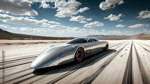A futuristic hypercar concept, with aerodynamic design and sleek bodywork, racing on an open road in the desert.