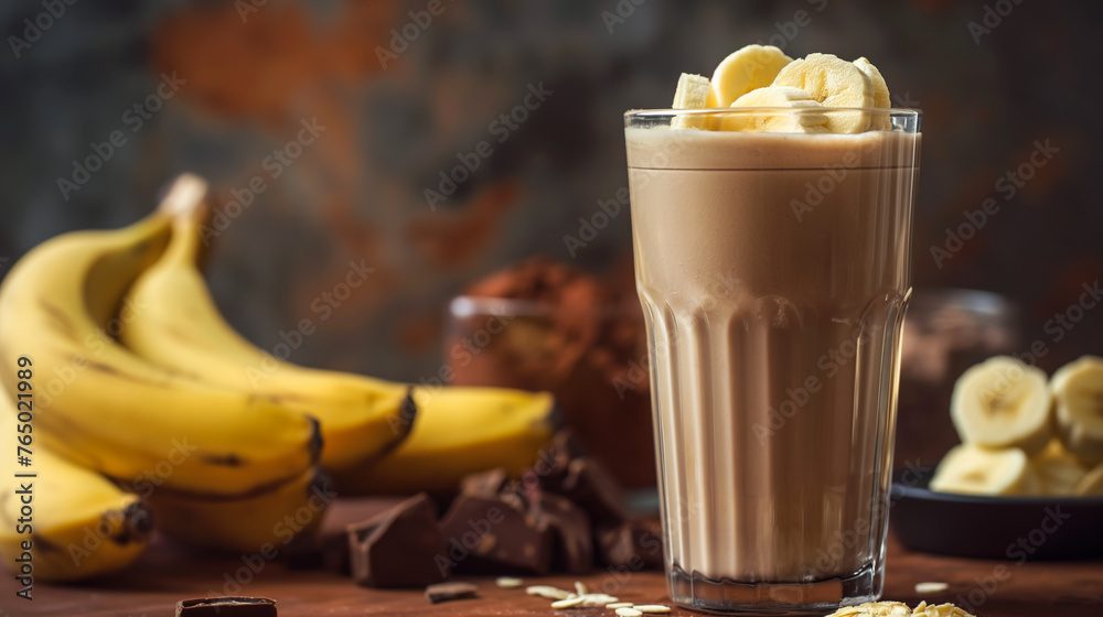 Obraz premium Banana Chocolate Smoothie in a Tall Glass. Delicious Banana Milkshake with Chocolate Shavings