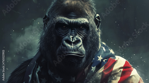 Gorilla, monkey, ape Frightful animal wearing American flag , Ai generated