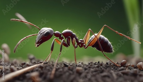 Tiny ant legs can be seen gripping the ground as it carries a blade of grass.