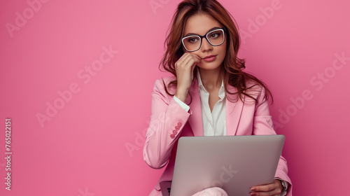 Full body size photo of young smart cute businesswoman sitting with laptop minded touch her glasses isolated on pink color background professional photography