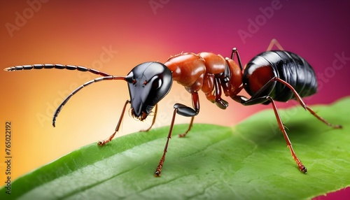 A worker ant with a piece of food held firmly in its mandibles, standing on a leaf.