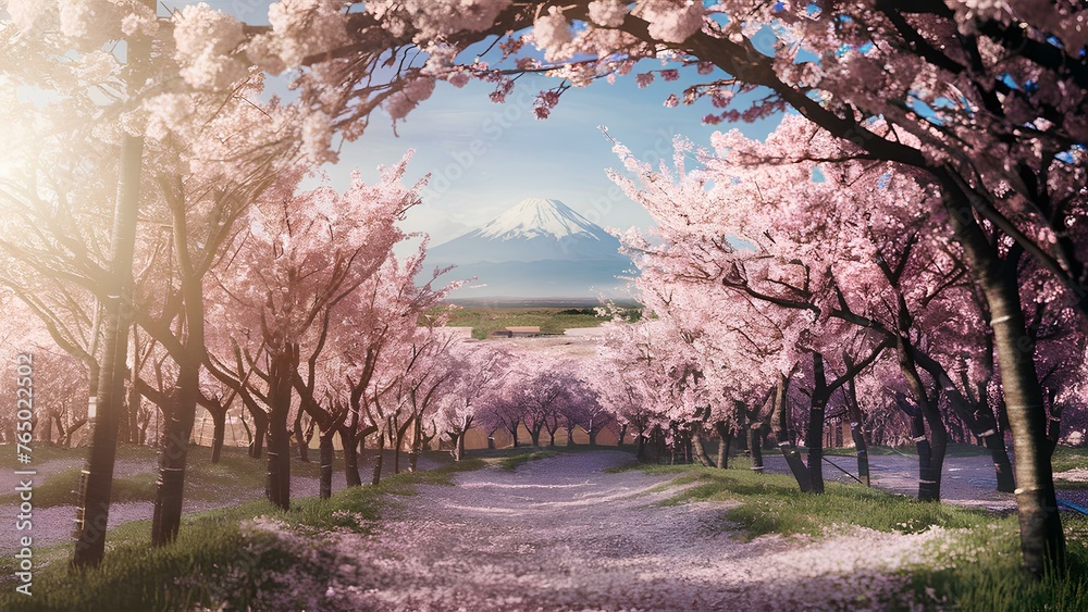 A scenic view of cherry blossom trees in full bloom with the iconic ...