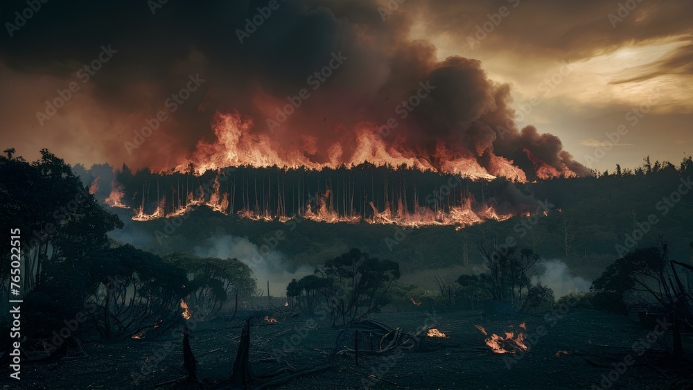 A devastating forest fire spreads rapidly with towering flames and thick smoke against an evening sky, highlighting the destructive power of such natural disasters